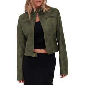 Women's Faux Leather Cropped jackets Casual Vintage Zip Up Stand Collar Jacket